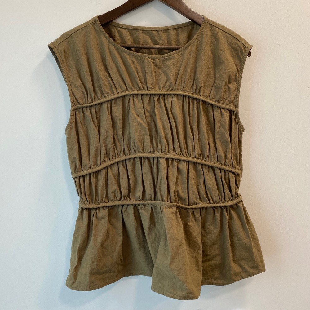 Unbranded Ruched Sleeveless Top Women M Army Green Peplum Tiered Cotton Boho